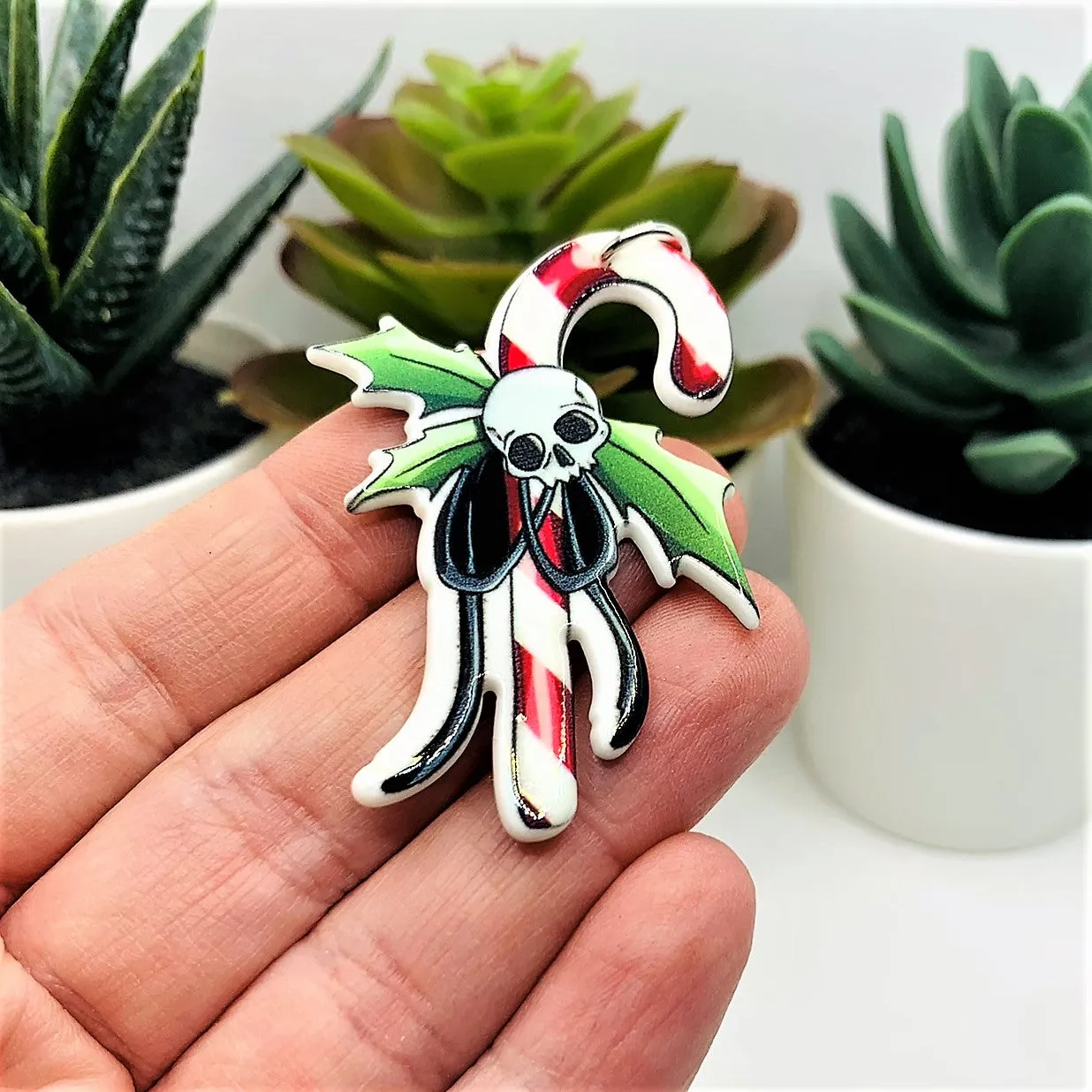 1, 4 or 20 Pieces: Creepy Christmas Candy Cane with Holly and Skull Charms - Double Sided