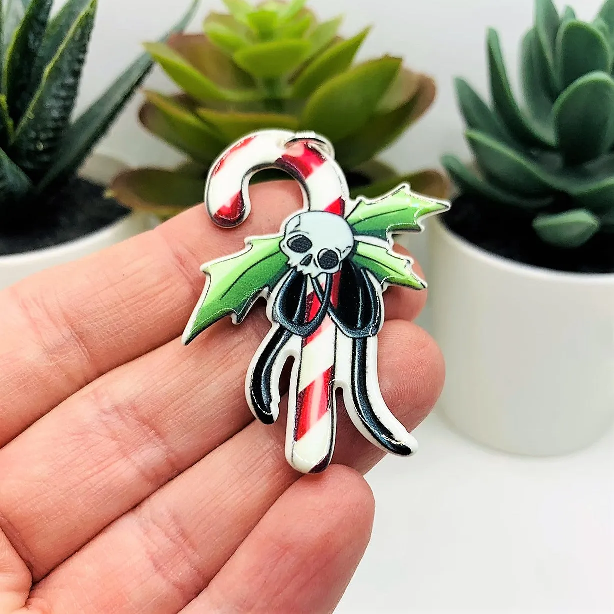 1, 4 or 20 Pieces: Creepy Christmas Candy Cane with Holly and Skull Charms - Double Sided