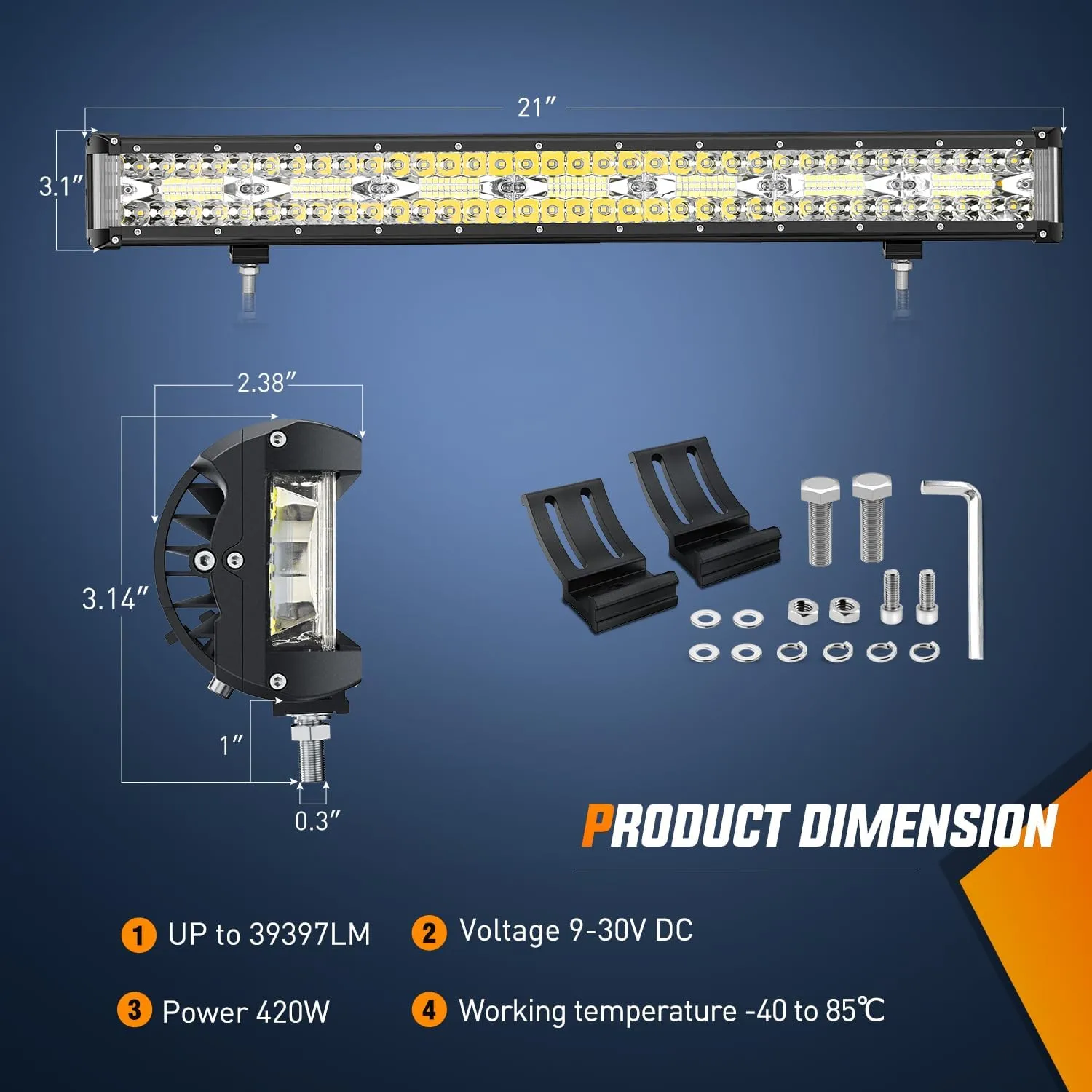 20 Inch 420W Side Shooter Quadruple Row Spot Flood LED Light Bar | 16AWG Wire 5Pin Switch