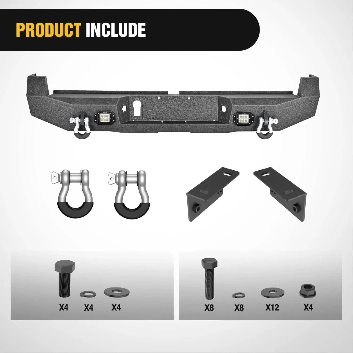 2016-2024 Toyota Tacoma Rear Step Bumper Full Width Textured Black Solid Steel Off-Road with 2Pcs Upgraded 18W LED Lights D-Rings