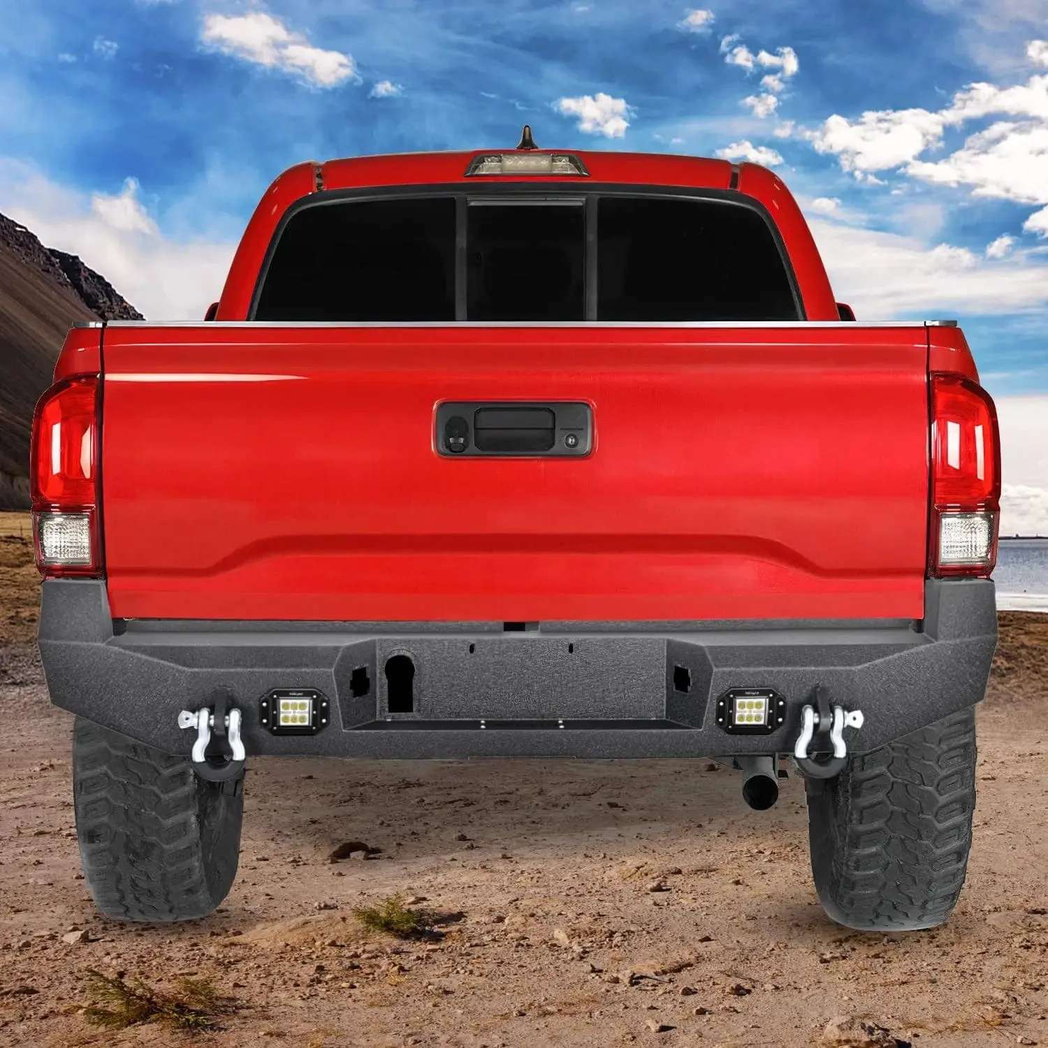 2016-2024 Toyota Tacoma Rear Step Bumper Full Width Textured Black Solid Steel Off-Road with 2Pcs Upgraded 18W LED Lights D-Rings