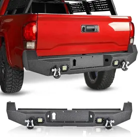 2016-2024 Toyota Tacoma Rear Step Bumper Full Width Textured Black Solid Steel Off-Road with 2Pcs Upgraded 18W LED Lights D-Rings