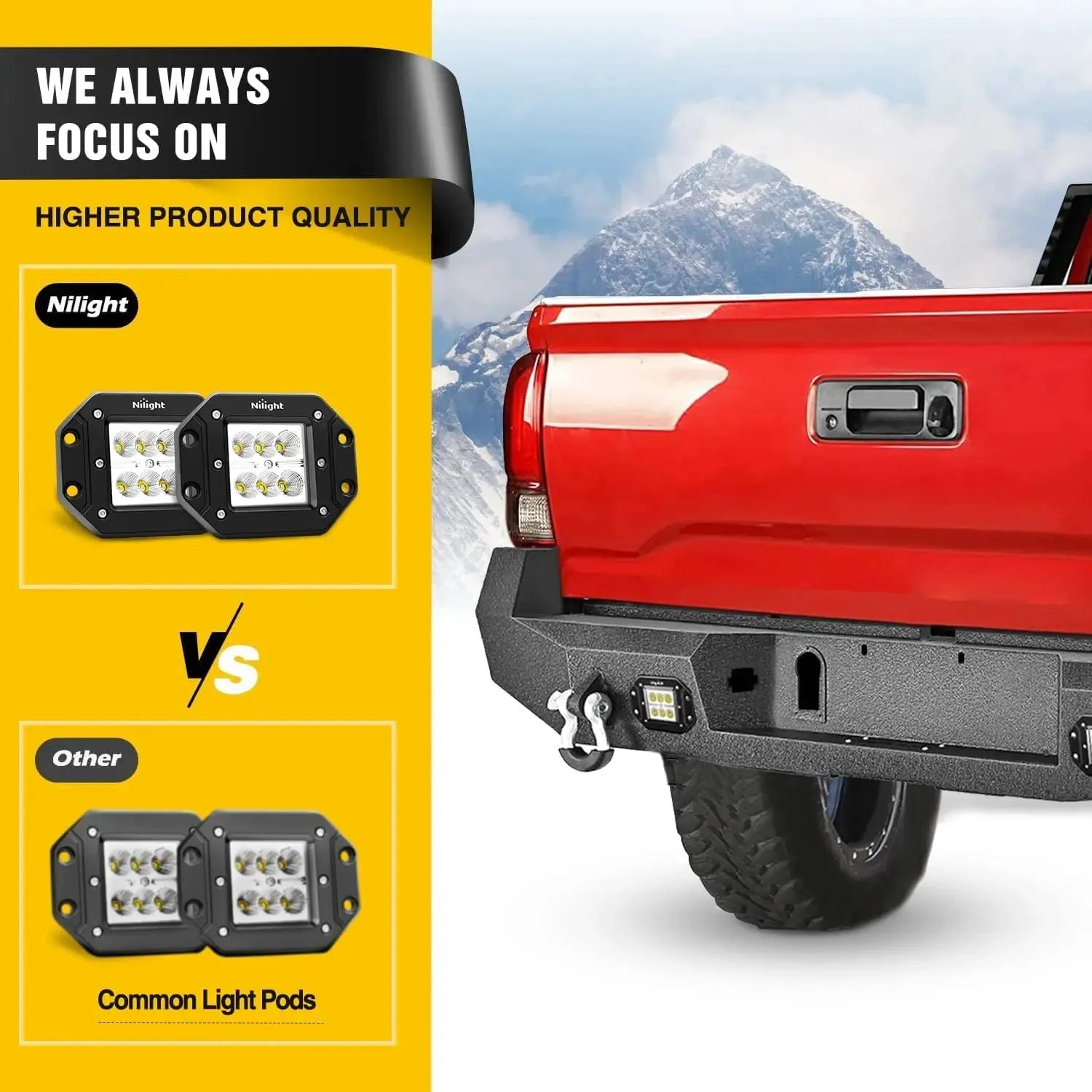 2016-2024 Toyota Tacoma Rear Step Bumper Full Width Textured Black Solid Steel Off-Road with 2Pcs Upgraded 18W LED Lights D-Rings