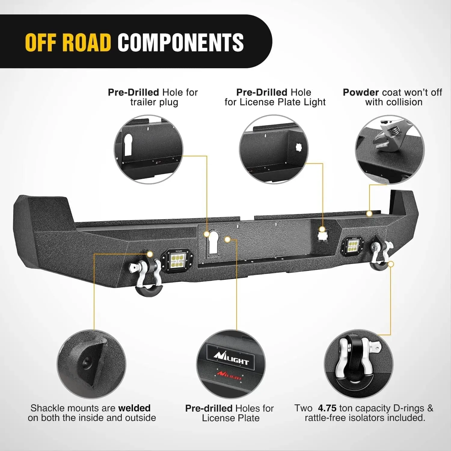 2016-2024 Toyota Tacoma Rear Step Bumper Full Width Textured Black Solid Steel Off-Road with 2Pcs Upgraded 18W LED Lights D-Rings