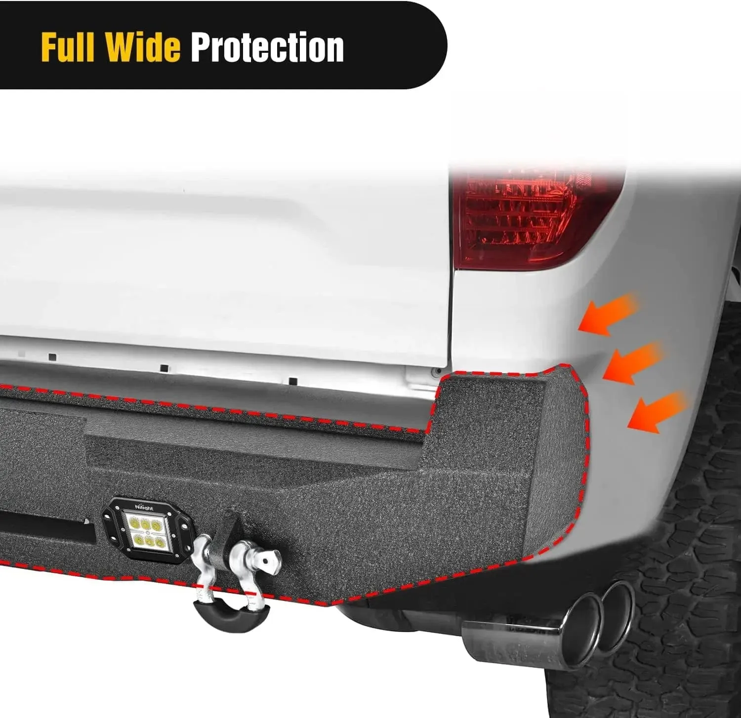 2016-2024 Toyota Tacoma Rear Step Bumper Full Width Textured Black Solid Steel Off-Road with 2Pcs Upgraded 18W LED Lights D-Rings