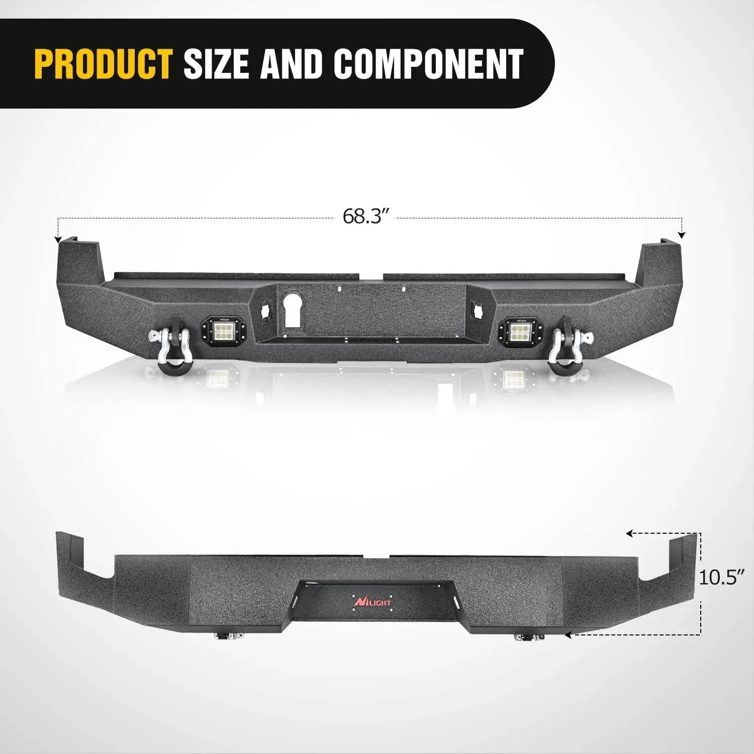 2016-2024 Toyota Tacoma Rear Step Bumper Full Width Textured Black Solid Steel Off-Road with 2Pcs Upgraded 18W LED Lights D-Rings