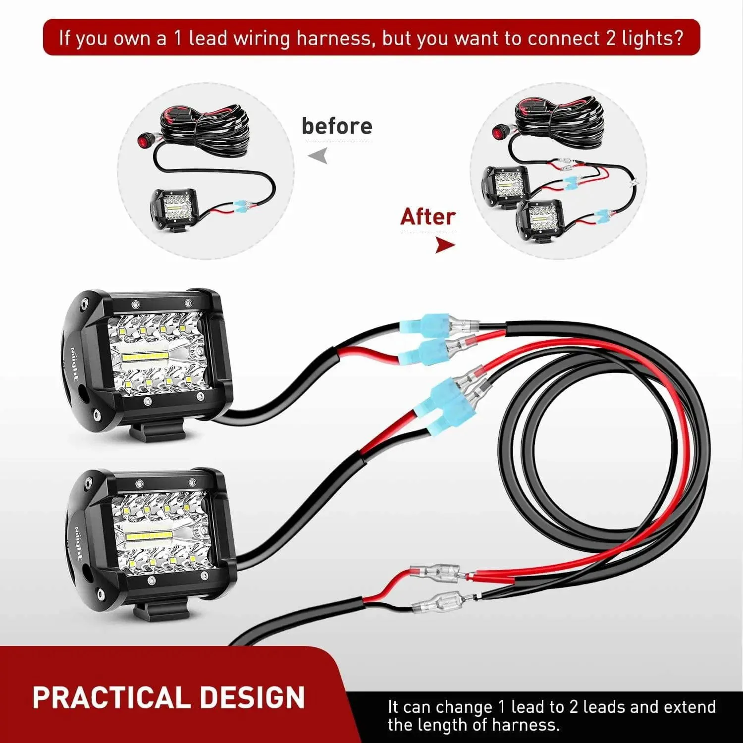2PCS 16AWG 3FT Wire Extension Kit 1 lead to 2 leads For LED Light Bar/Led Pods/LED Work Light