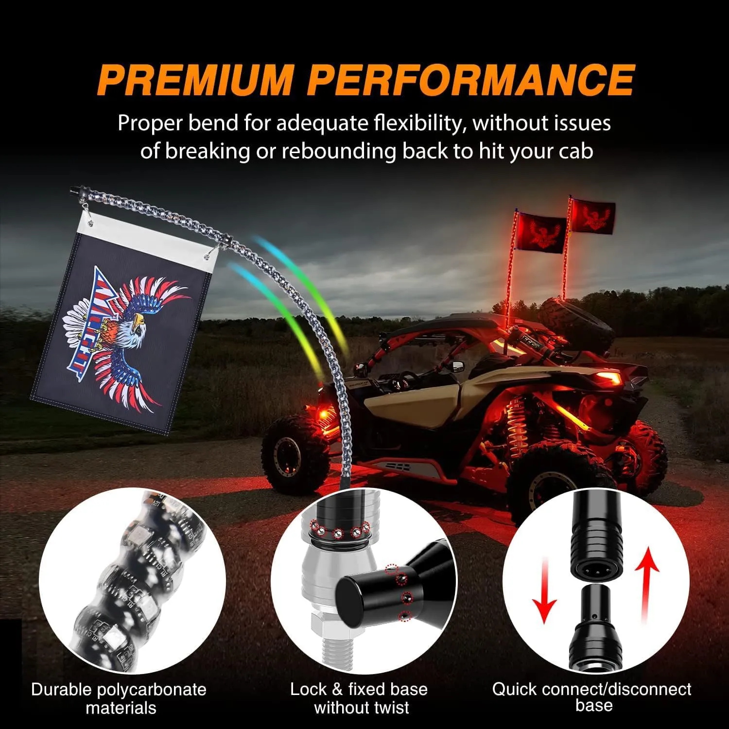2Pcs 4FT Spiral Antenna Bluetooth Remote App Control Led Whip Light | 8Pcs RGB Rock Lights | Wire 5Pin Switch Kits