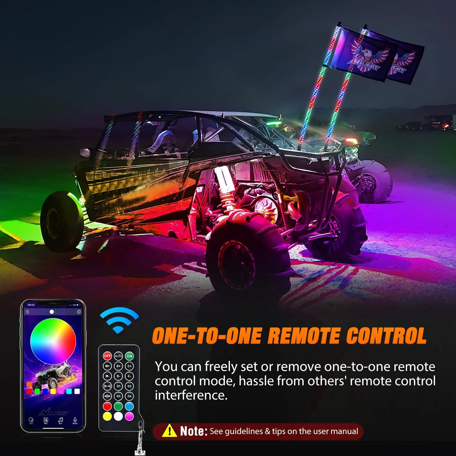 2Pcs 4FT Spiral Antenna Bluetooth Remote App Control Led Whip Light | 8Pcs RGB Rock Lights | Wire 5Pin Switch Kits