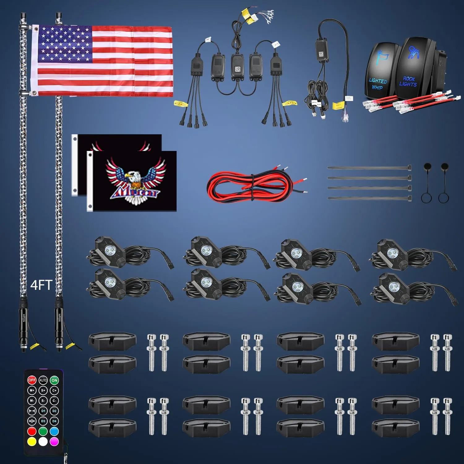2Pcs 4FT Spiral Antenna Bluetooth Remote App Control Led Whip Light | 8Pcs RGB Rock Lights | Wire 5Pin Switch Kits