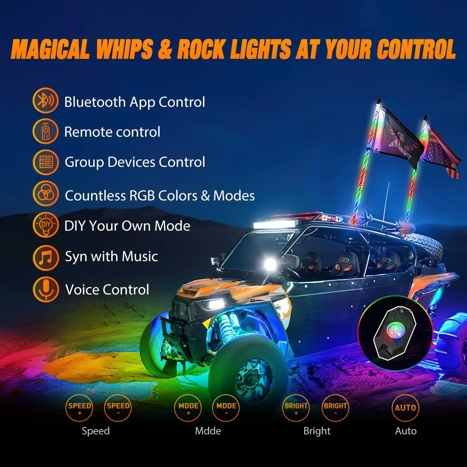 2Pcs 4FT Spiral Antenna Bluetooth Remote App Control Led Whip Light | 8Pcs RGB Rock Lights | Wire 5Pin Switch Kits