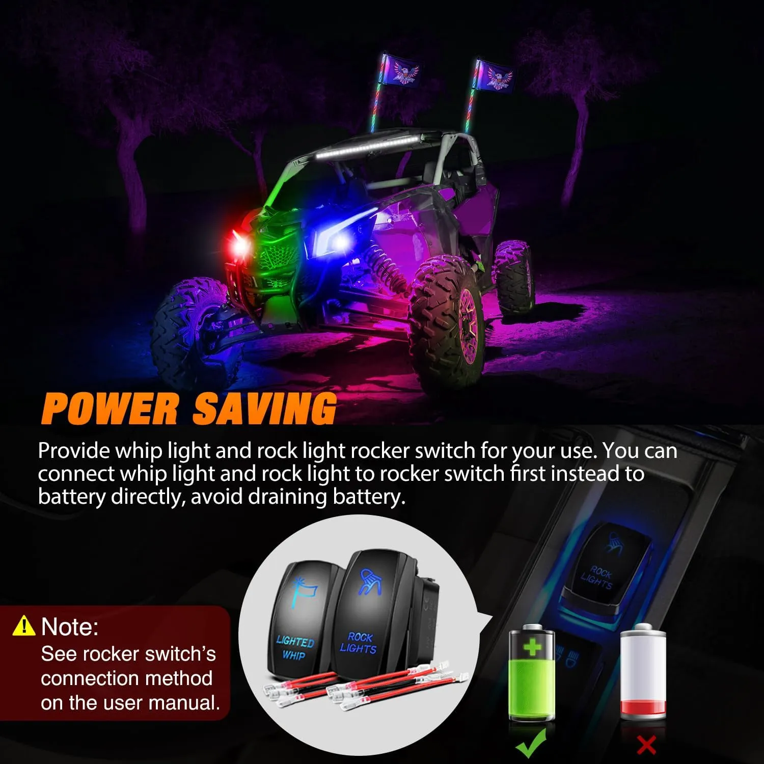 2Pcs 4FT Spiral Antenna Bluetooth Remote App Control Led Whip Light | 8Pcs RGB Rock Lights | Wire 5Pin Switch Kits
