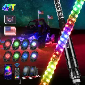 2Pcs 4FT Spiral Antenna Bluetooth Remote App Control Led Whip Light | 8Pcs RGB Rock Lights | Wire 5Pin Switch Kits
