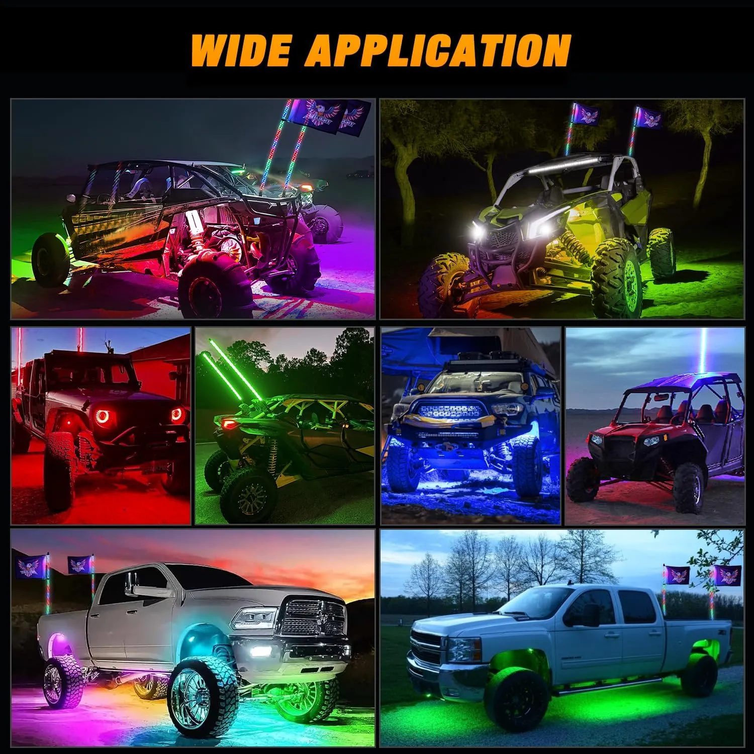 2Pcs 4FT Spiral Antenna Bluetooth Remote App Control Led Whip Light | 8Pcs RGB Rock Lights | Wire 5Pin Switch Kits