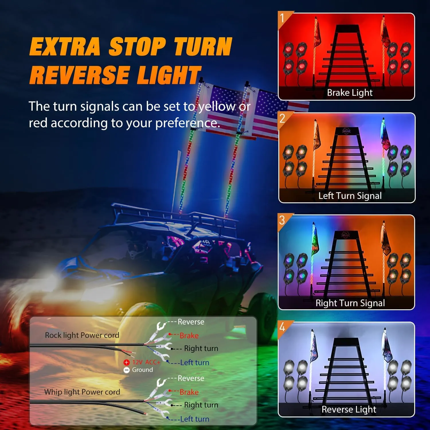 2Pcs 4FT Spiral Antenna Bluetooth Remote App Control Led Whip Light | 8Pcs RGB Rock Lights | Wire 5Pin Switch Kits