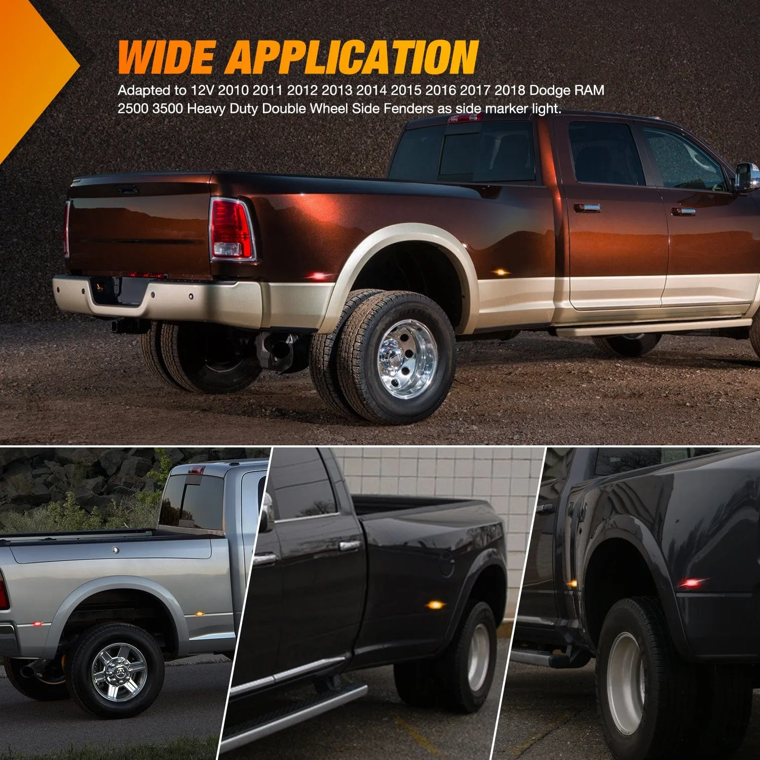 4 PCS 3 LED Red Amber Wheel Fender Side Marker Lights Smoked Lens Compatible With 2010-2018 Dodge Ram 2500 3500 Super Duty