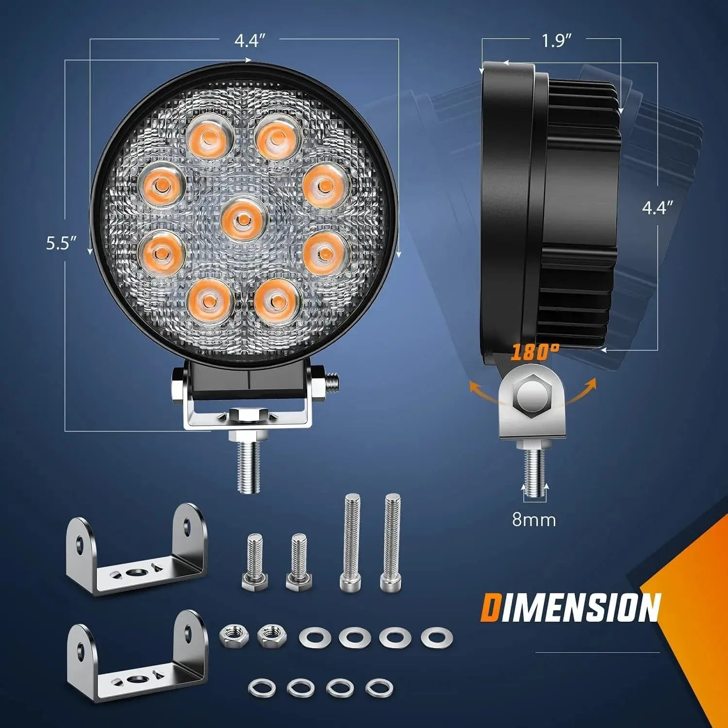 4.5 Inch 27W Round Amber Spot Led Work Lights (Pair) | 16AWG Wire 3Pin Switch