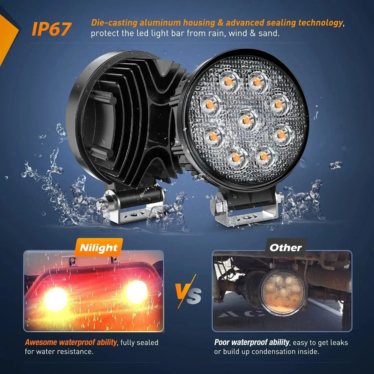 4.5 Inch 27W Round Amber Spot Led Work Lights (Pair) | 16AWG Wire 3Pin Switch