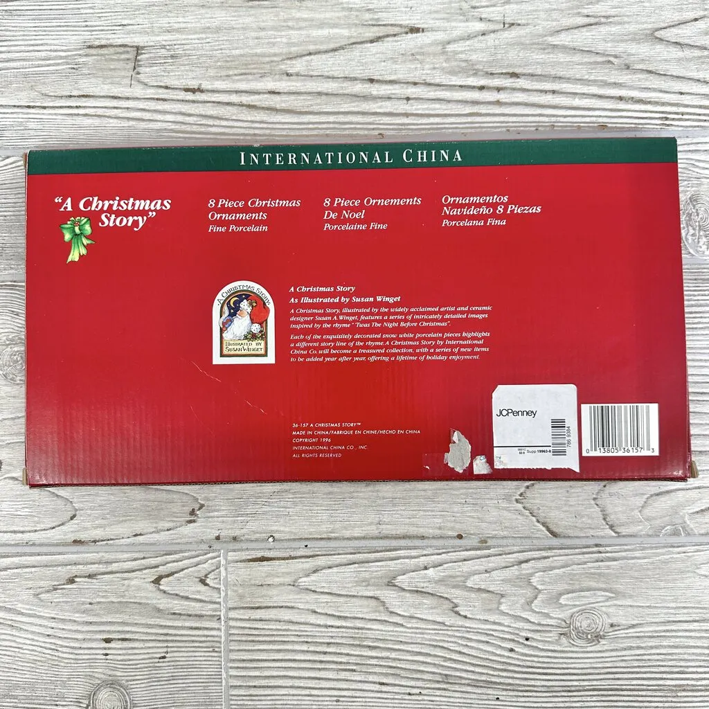 8 International China Ornaments “A Christmas Story” Porcelain 1996 Illustrated by Susan Winget w/Box /cb