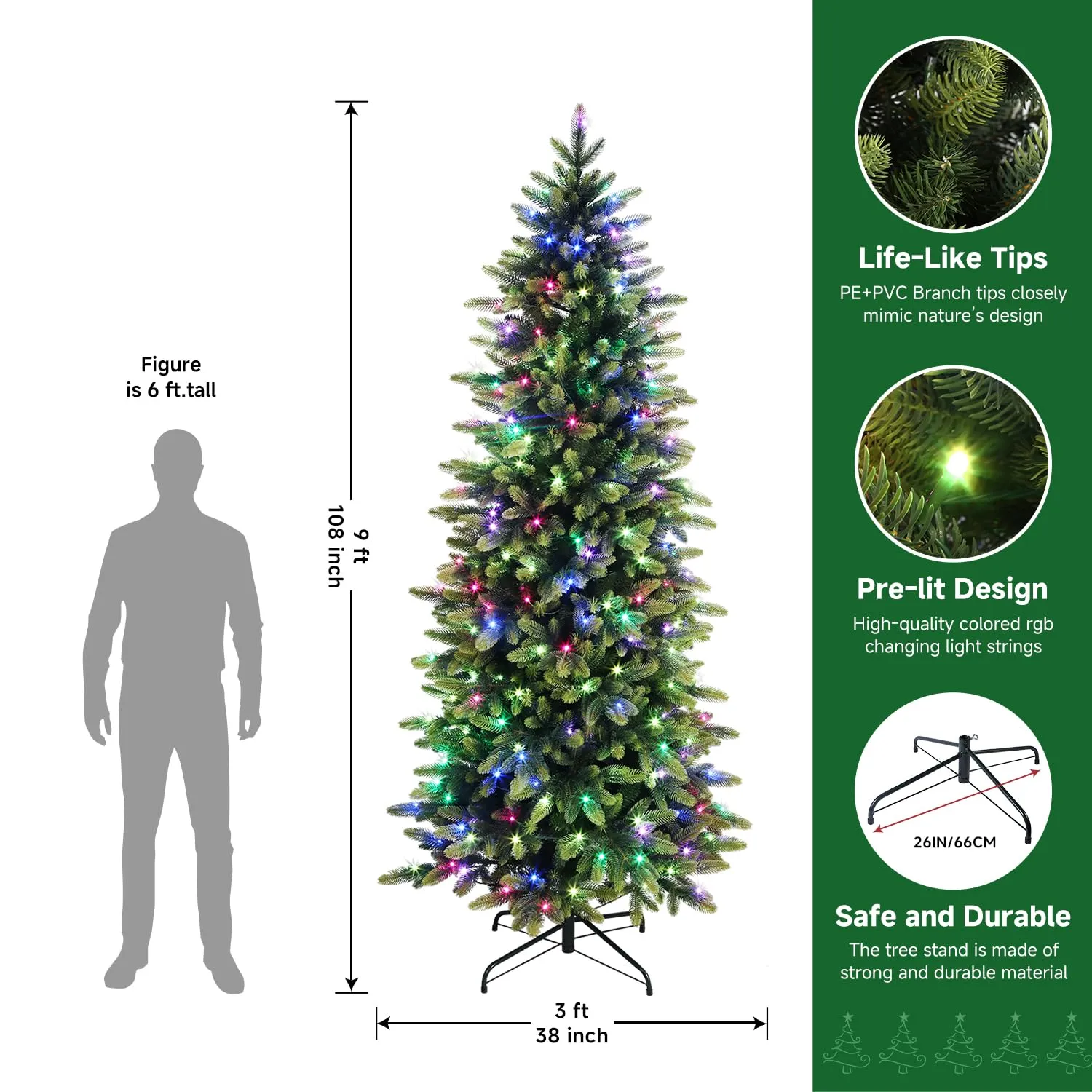 9ft Prelit Multi-Color RGB Lights Artificial Hinged Christmas Tree with Remote Control