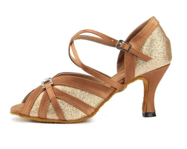 #B5511 Womens Latin Dance Shoes Black- Bronze Satin Diamond Buckle -Salsa-Tango-Cha Cha