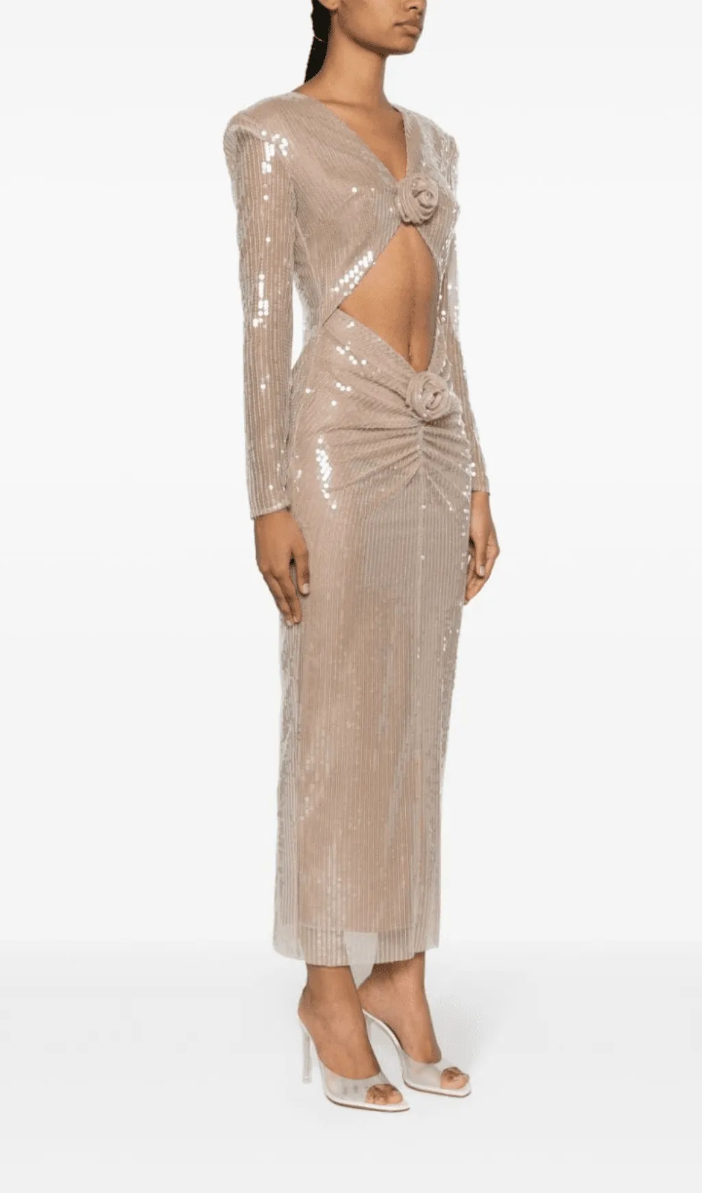 BEIGE FLORAL SEQUINED MIDI DRESS
