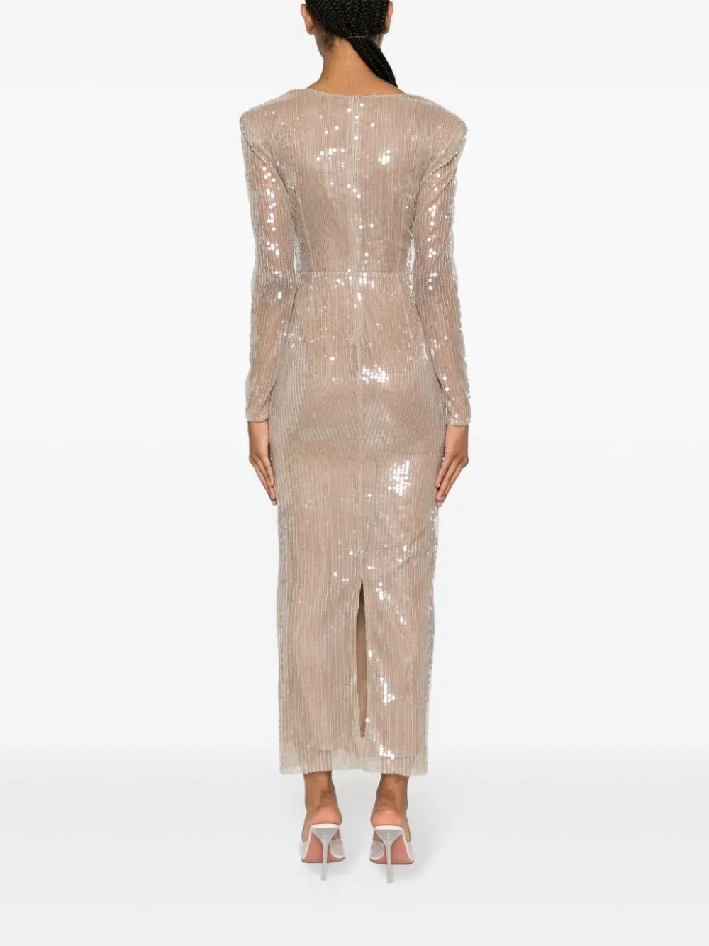 BEIGE FLORAL SEQUINED MIDI DRESS
