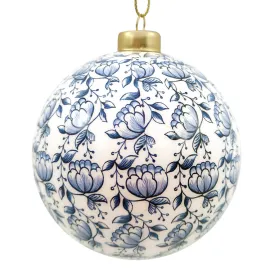Blue and White Floral Glass Ball Ornament