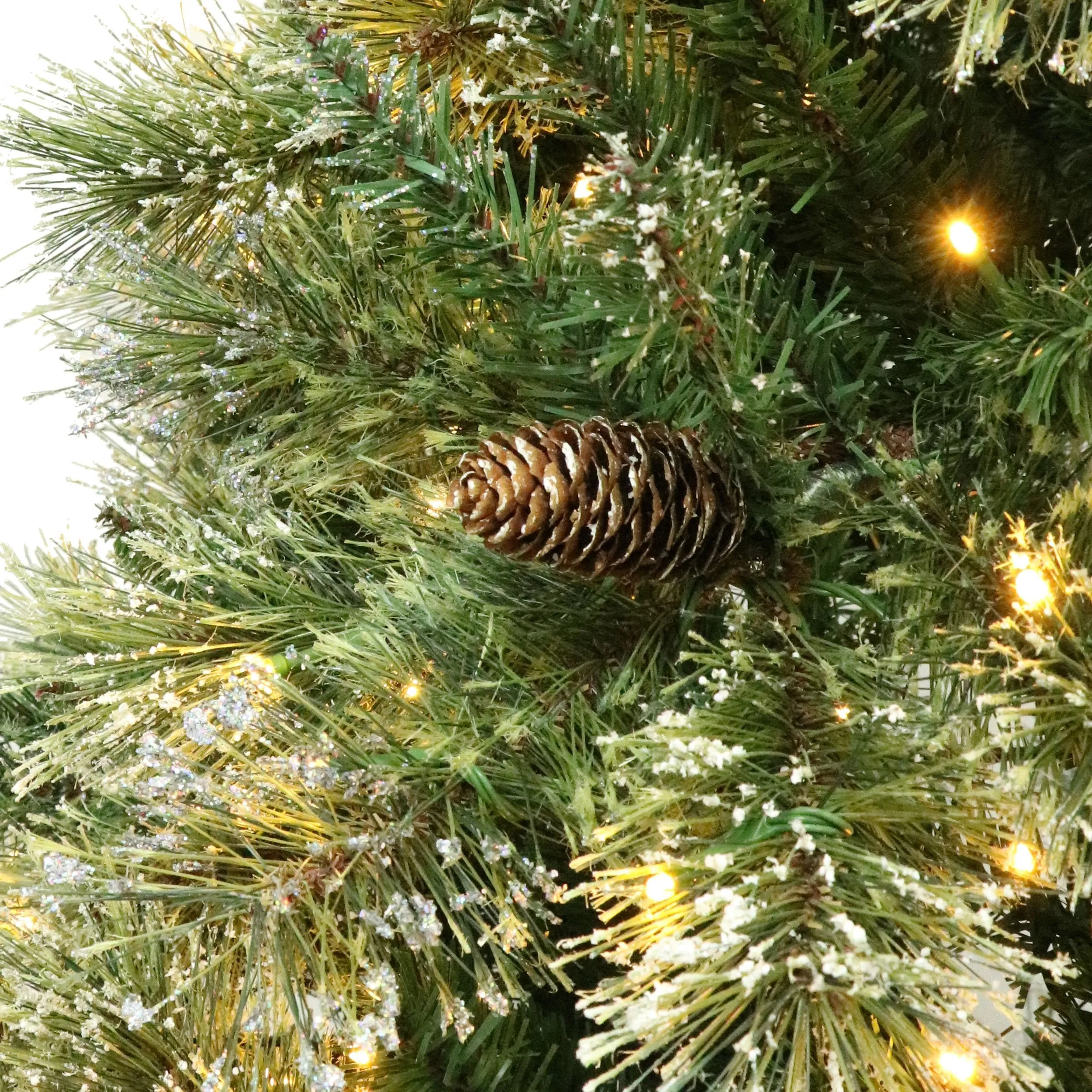 Cashmere Pine and Mixed Needles Pre-Lit Clear LED Hinged Artificial Christmas Tree with Snow and Glitter Branches and Frosted Pinecones - NH812513