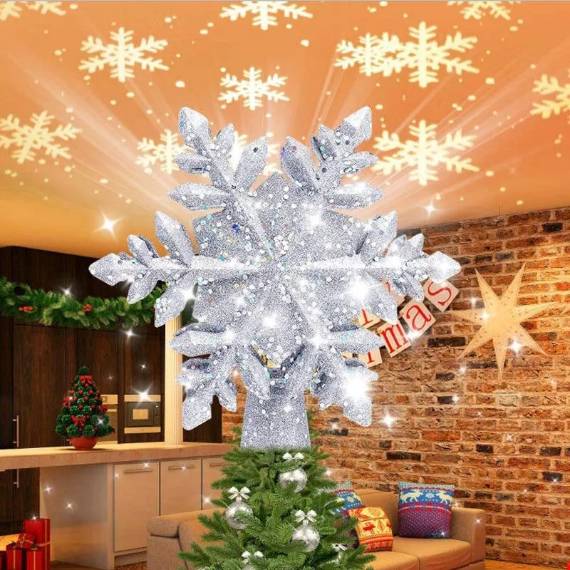 Christmas Tree Topper Star Lighted 3D Glitter Silver Snow Tree Toppers