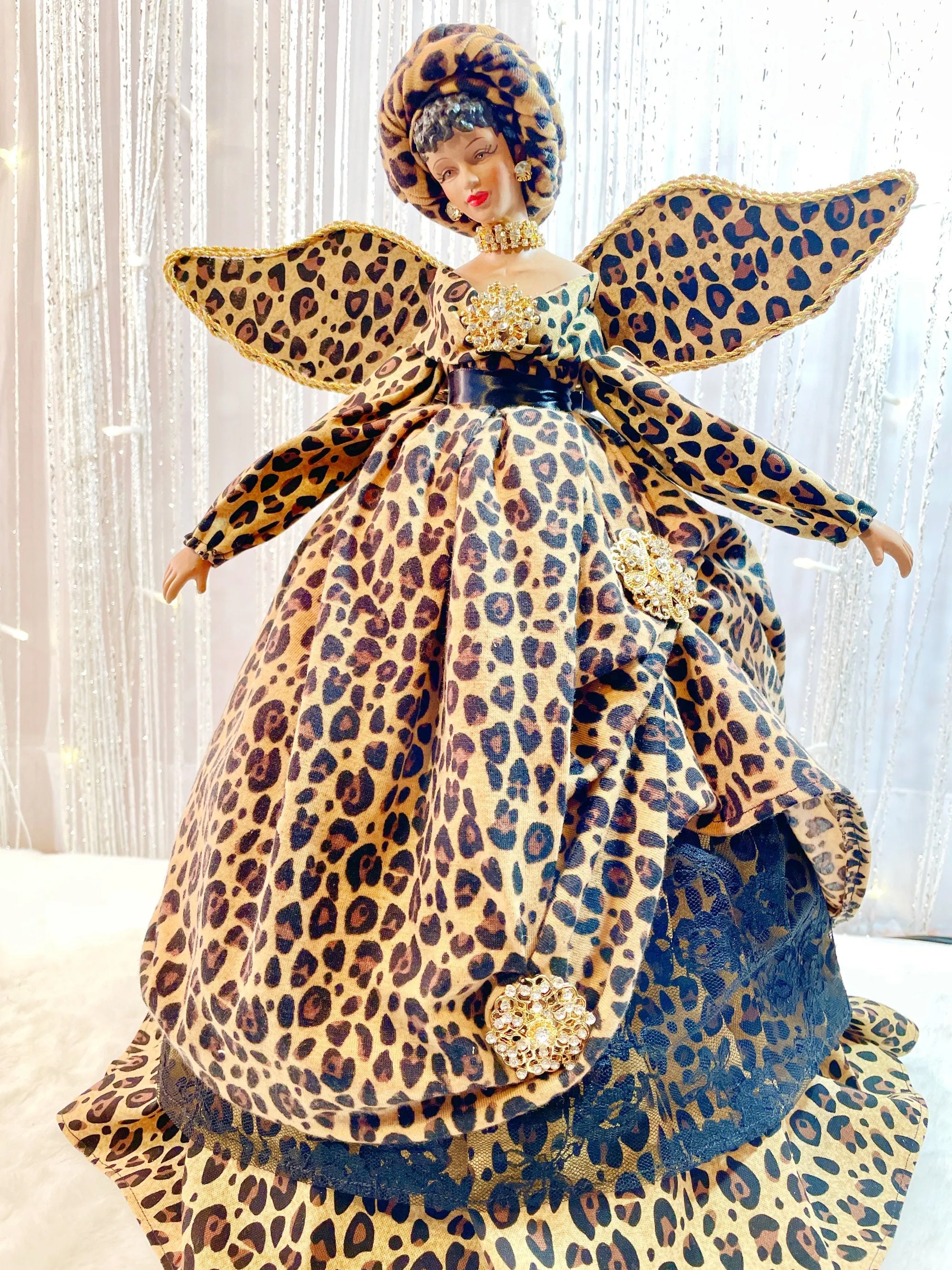 Christmas Treetopper Animal Print, Black Holiday Treetop In Leopard Print, African American Angel Topper, OOAK Home or Office Decoration