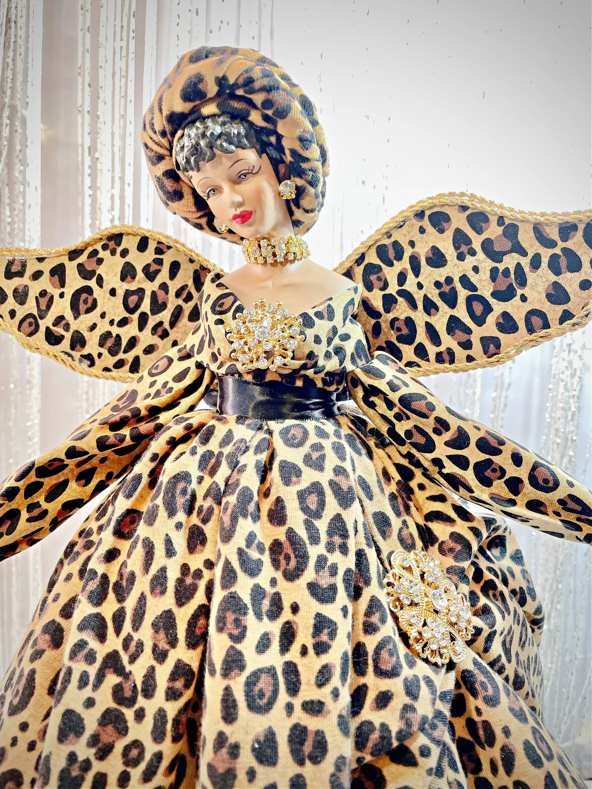 Christmas Treetopper Animal Print, Black Holiday Treetop In Leopard Print, African American Angel Topper, OOAK Home or Office Decoration