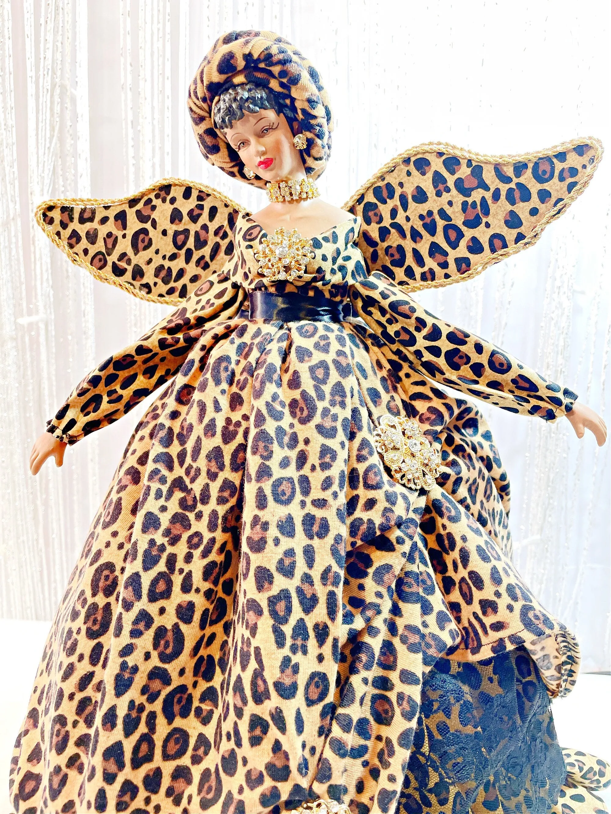 Christmas Treetopper Animal Print, Black Holiday Treetop In Leopard Print, African American Angel Topper, OOAK Home or Office Decoration
