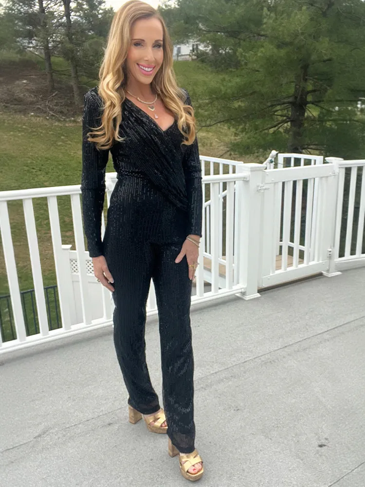 Deep V-Neck Sequined Jumpsuit (Black)