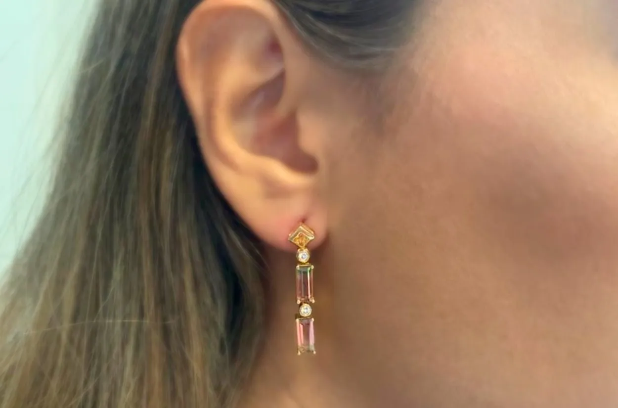 Earrings 18kt Gold Double Bicolor Tourmaline Sapphires & Diamonds