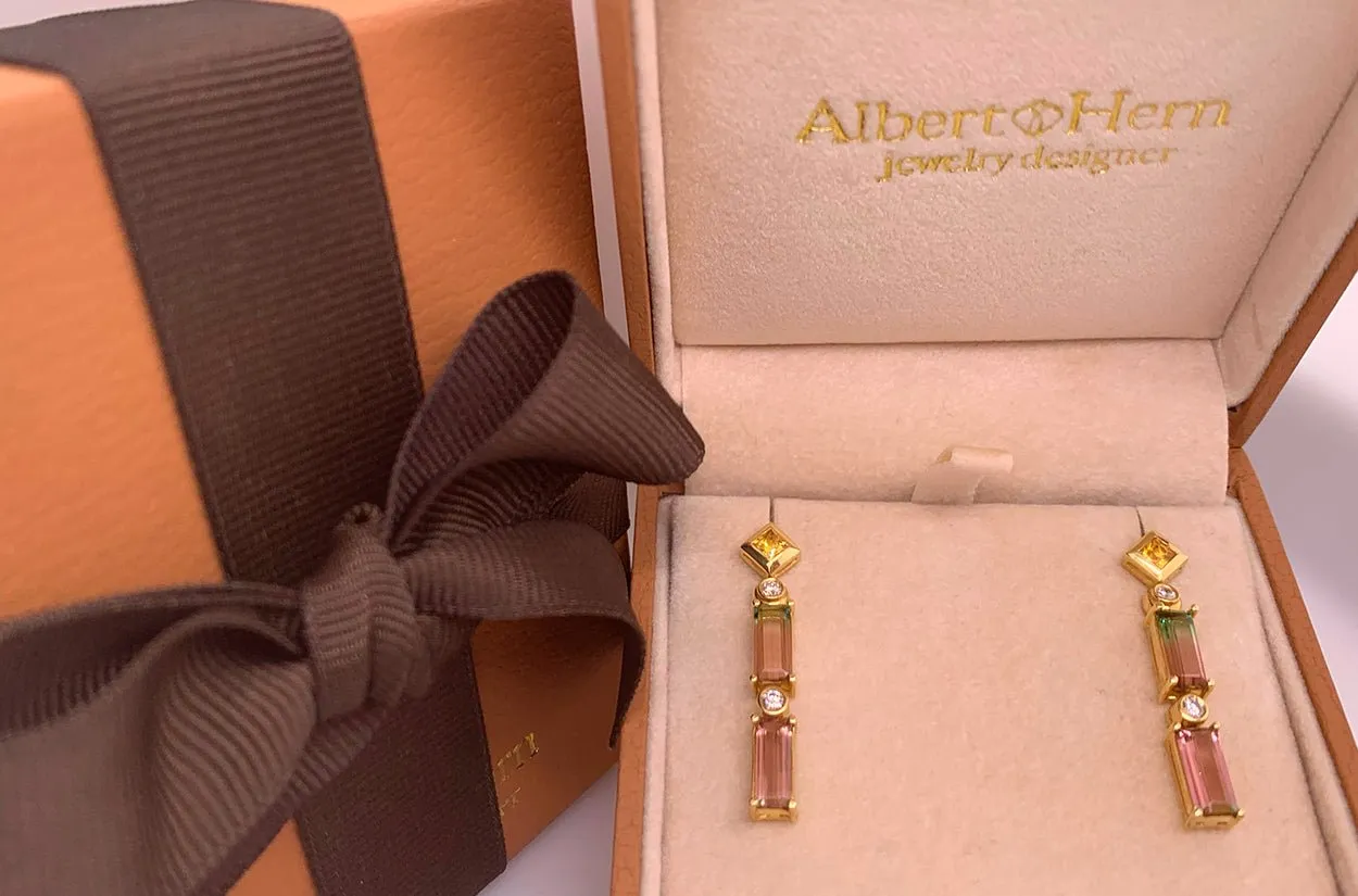 Earrings 18kt Gold Double Bicolor Tourmaline Sapphires & Diamonds