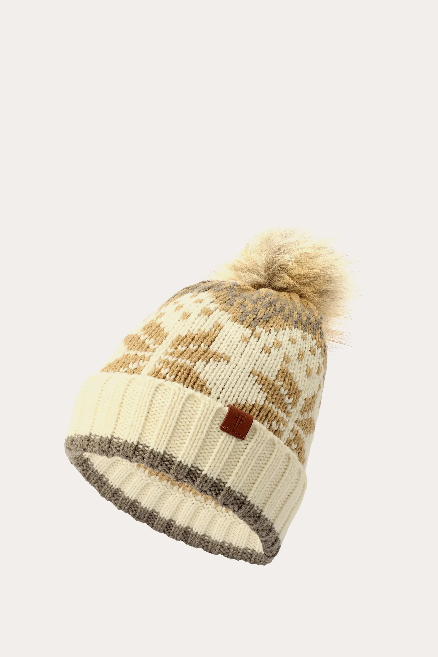 Fair Isle Beanie With Cuff & Faux Fur Pom