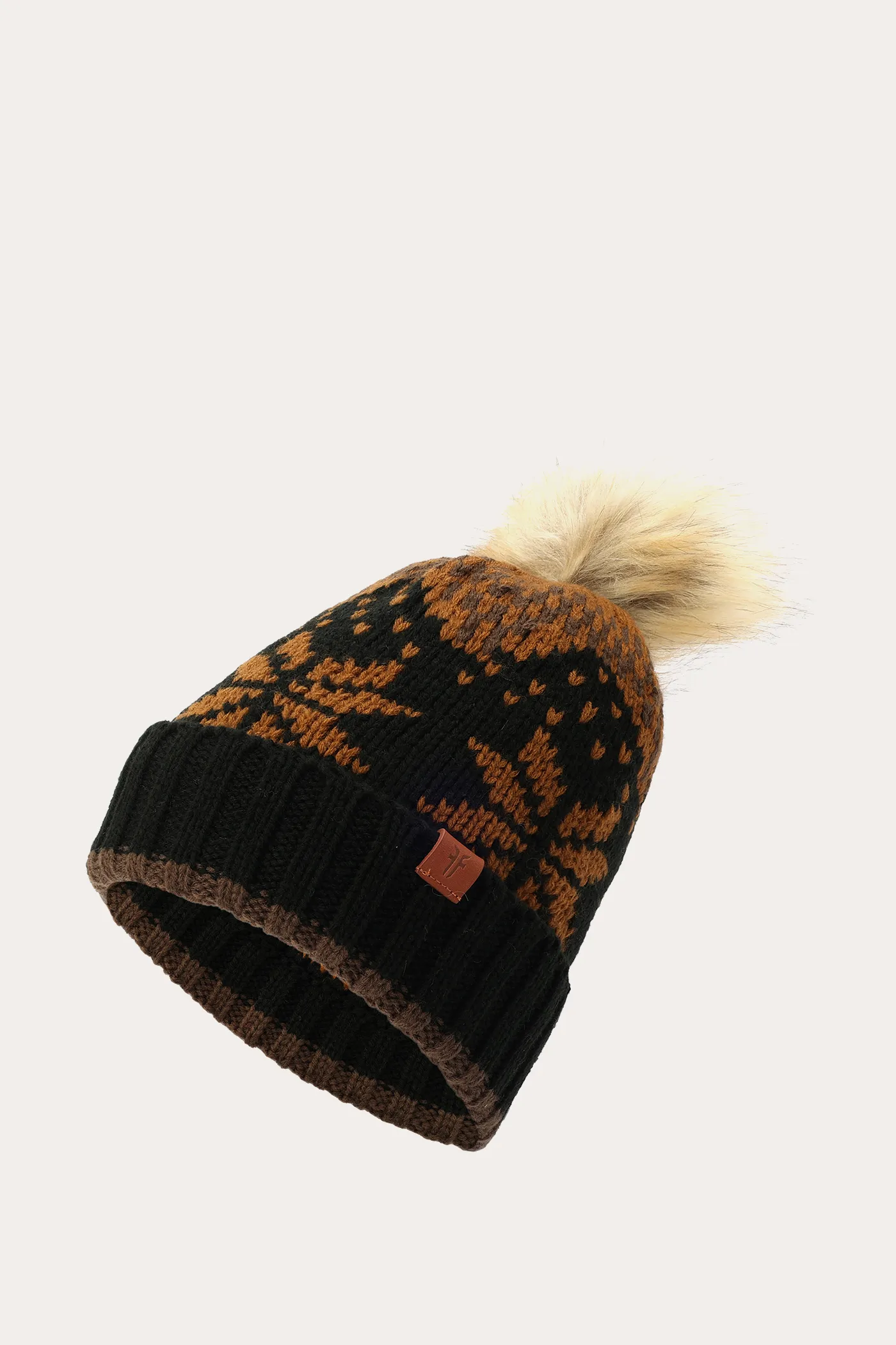 Fair Isle Beanie With Cuff & Faux Fur Pom