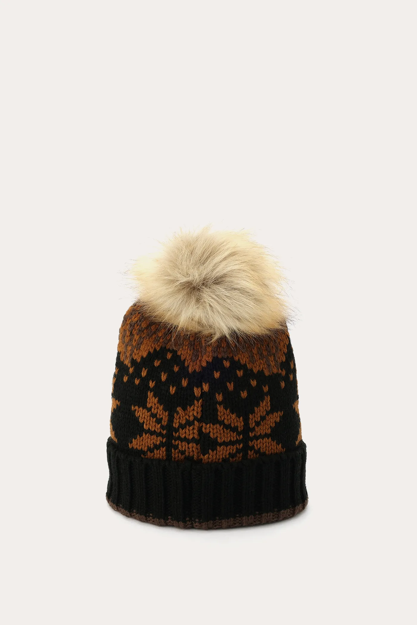Fair Isle Beanie With Cuff & Faux Fur Pom