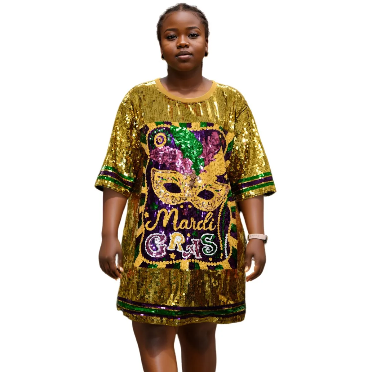 Fleur de Mardi Gras Sequined Gold Dress