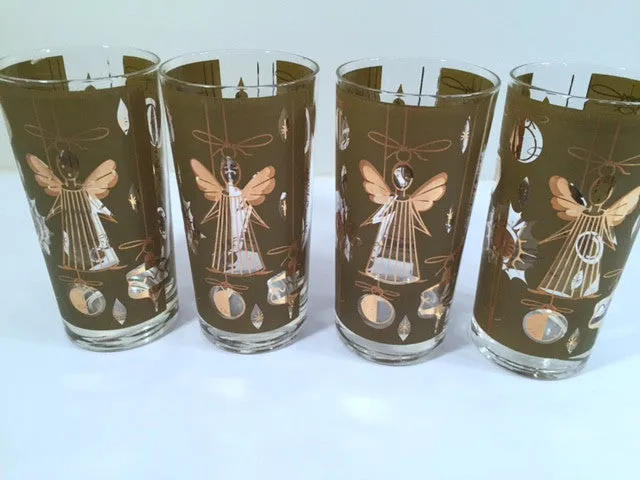 Fred Press - Signed Mid-Century Green & 22-Karat Gold Christmas Angel Glasses (Set of 7)