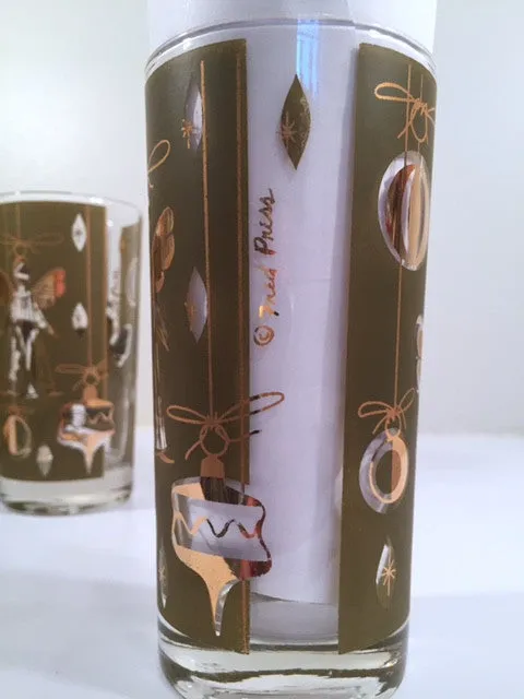 Fred Press - Signed Mid-Century Green & 22-Karat Gold Christmas Angel Glasses (Set of 7)