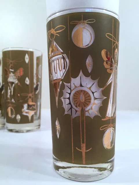 Fred Press - Signed Mid-Century Green & 22-Karat Gold Christmas Angel Glasses (Set of 7)