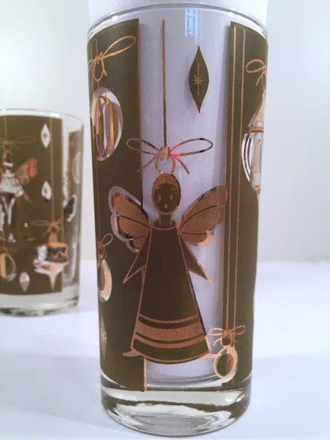 Fred Press - Signed Mid-Century Green & 22-Karat Gold Christmas Angel Glasses (Set of 7)
