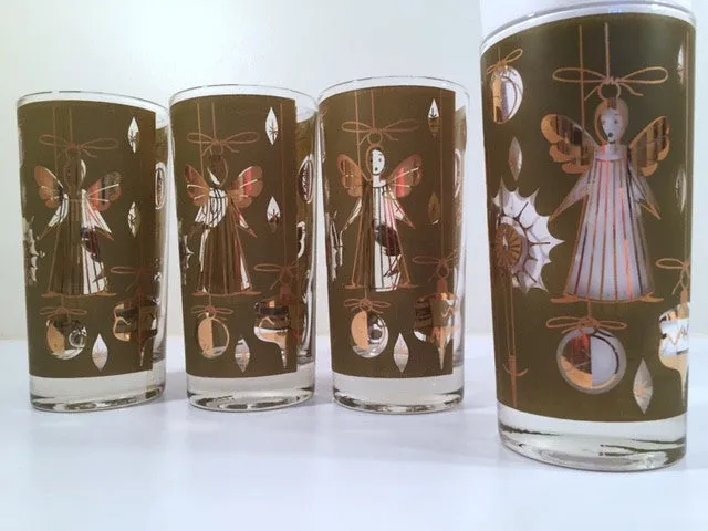 Fred Press - Signed Mid-Century Green & 22-Karat Gold Christmas Angel Glasses (Set of 7)