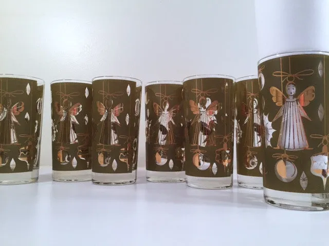 Fred Press - Signed Mid-Century Green & 22-Karat Gold Christmas Angel Glasses (Set of 7)