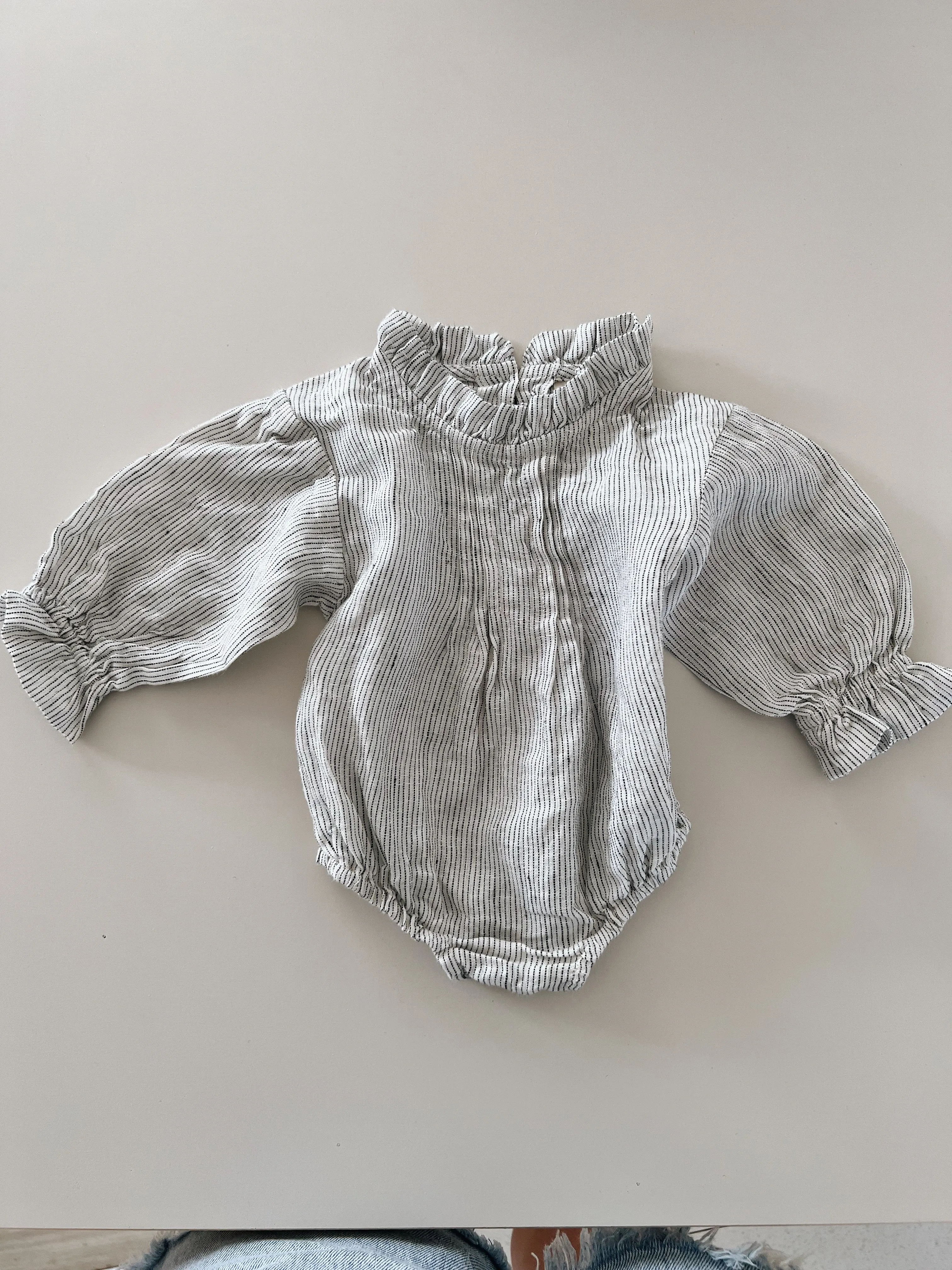 Jean romper in beach stripe 0-3 months (sample sale)