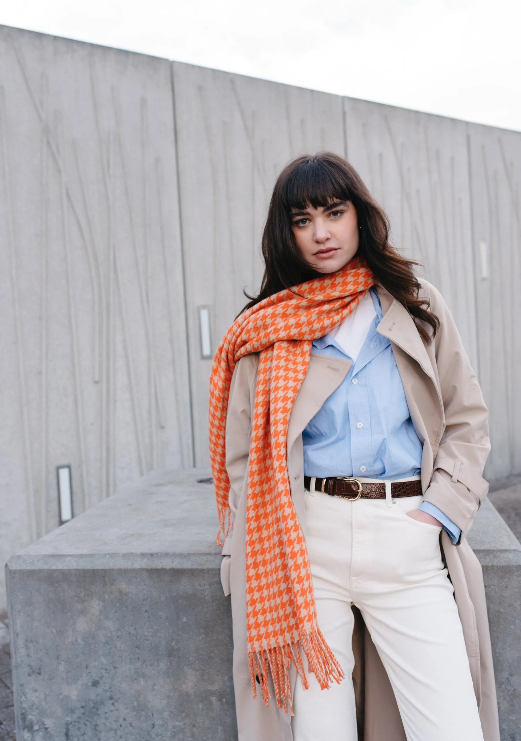 Lambswool Oversized Scarf in Orange Houndstooth