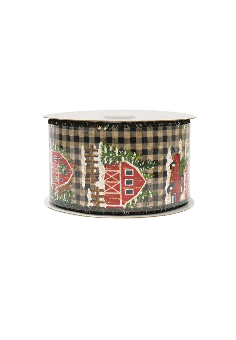 Landmark Christmas Linen Ribbon 2.5" x 5 yards with Checkered House Design