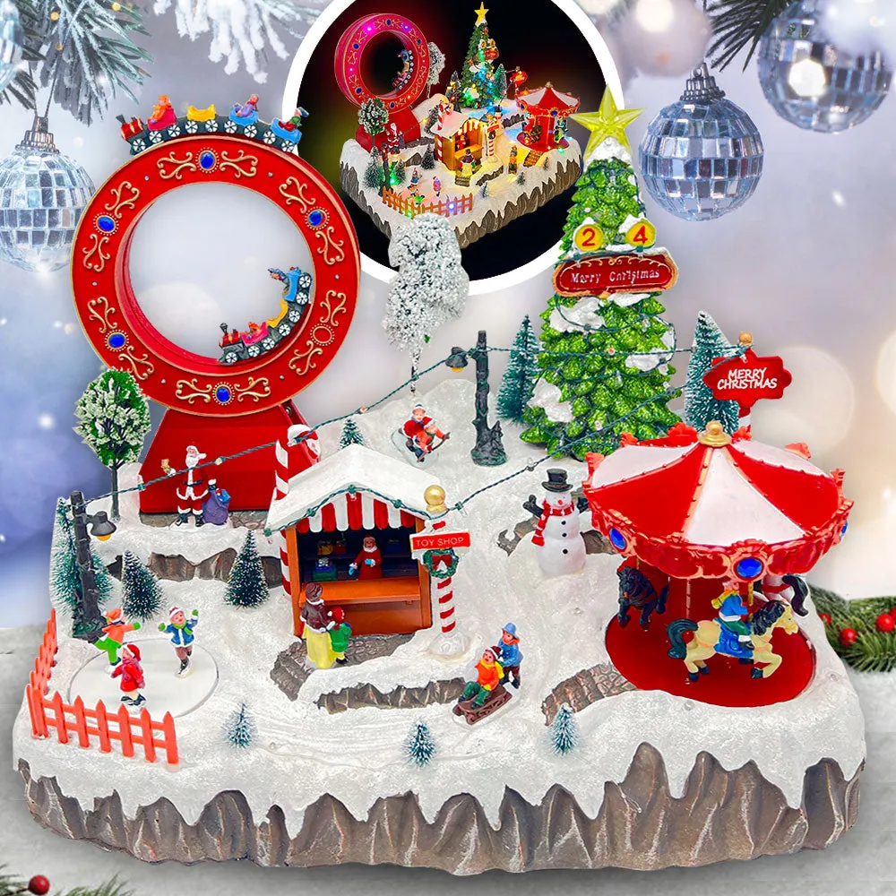 Large Christmas Village Winter Amusement Park with Roller Coaster Carousel